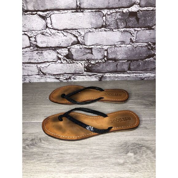 Mystique Black Leather Snake Skin Thong Flip Flops Sandals Women Sz 9M US/40EU - Picture 1 of 16